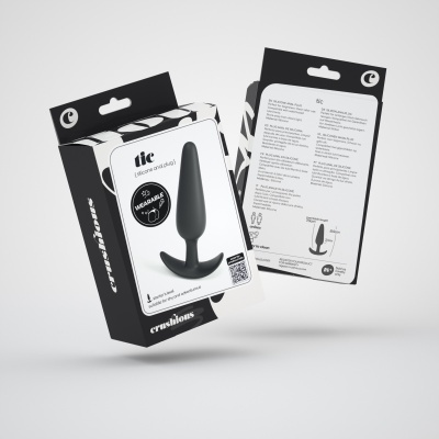 Embalagem de plugue anal preto em silicone com texto e design em preto e branco