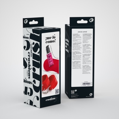 embalagem preta e branca com texto e imagem de recipiente rosa e sapatos vermelhos