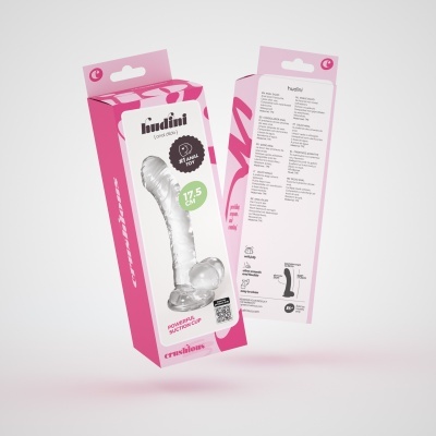 Embalagem de dildo transparente hudini 17,5 cm com textos explicativos