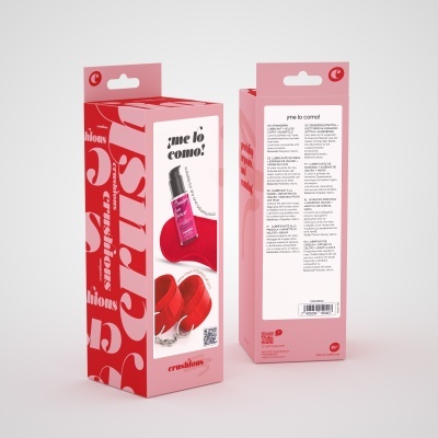 Embalagem rosa e vermelha para produto cosmético de unhas com texto e imagem do produto