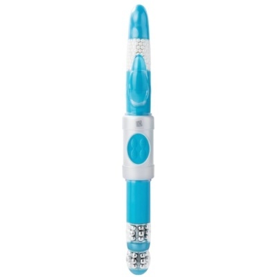 Vibrador azul e branco com esferas metálicas e botão oval.