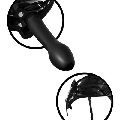 Acessório BDSM em couro preto e silicone com tachas e correias