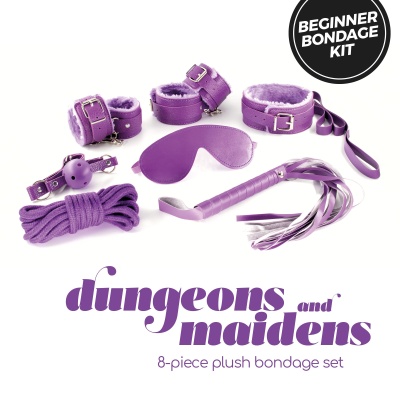 Conjunto bondage roxo com algemas, venda, corda, mordaça, chicote e acessório, texto em inglês