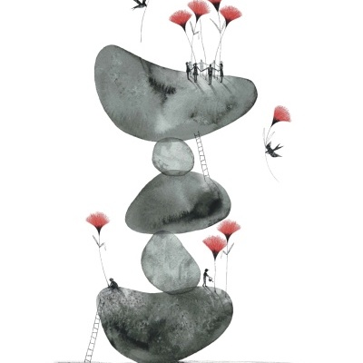 Ilustração artística de pedras empilhadas com figuras humanas e flores vermelhas