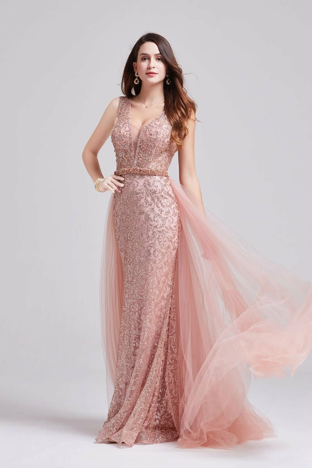 JM - Edição Premium Vestido comprido rosa claro com brilho e tecido fluido