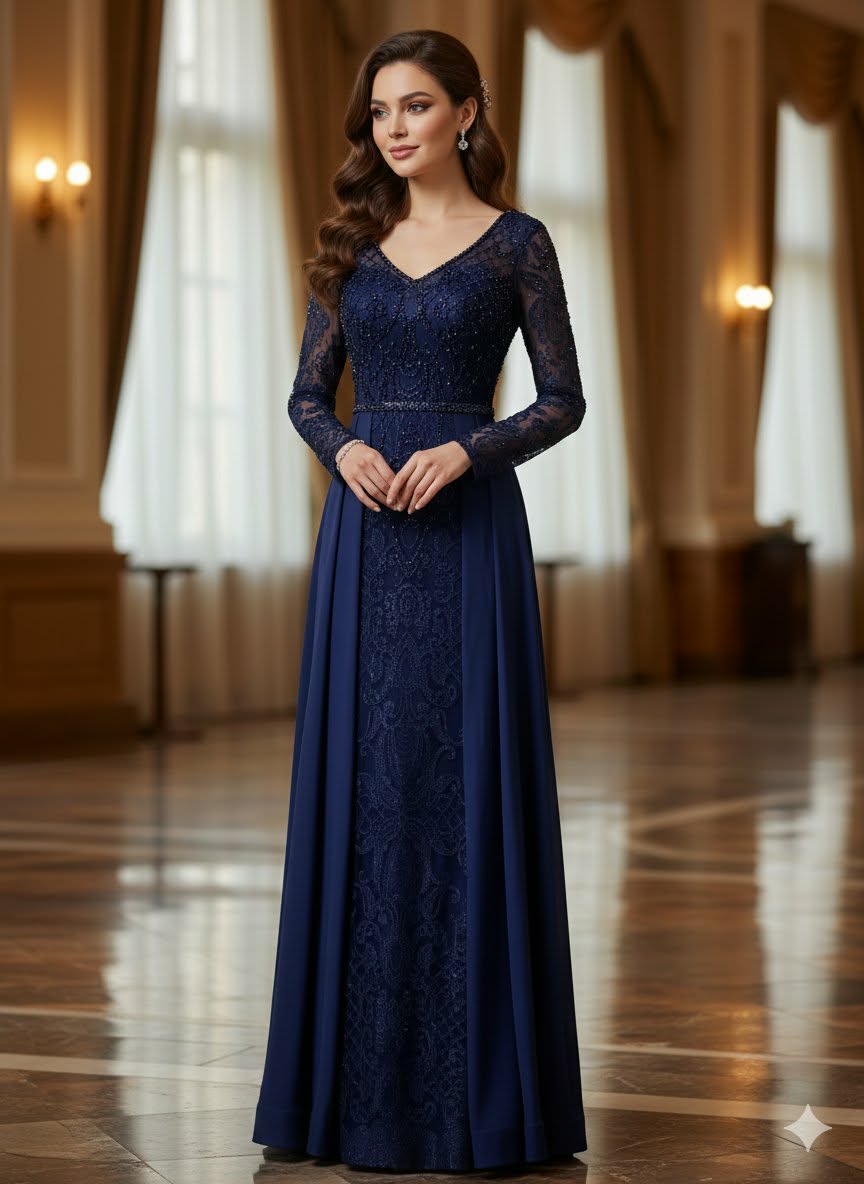 JM - Edição Premium Vestido de festa azul escuro com renda e bordados usado por mulher