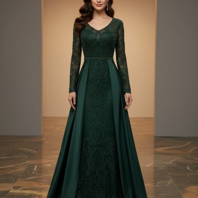 Vestido verde escuro de noite com mangas de renda e detalhes bordados