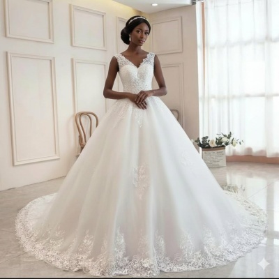 Vestido de noiva branco com renda e saia ampla em ambiente claro e elegante