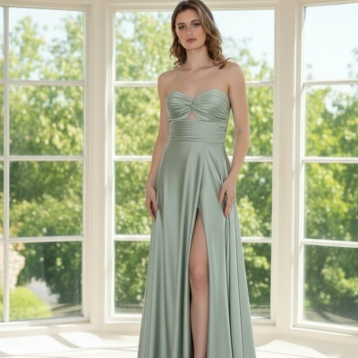 Mulher com vestido comprido verde água junto a janela grande