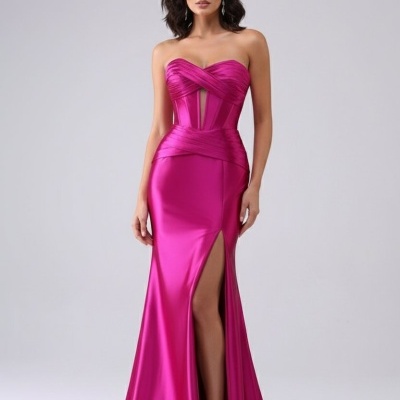 Vestido longo cor fúcsia com corpete cruzado e racha lateral