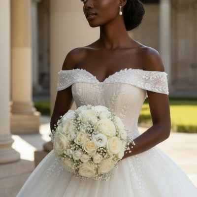 Mulher com vestido de noiva branco e bouquet de flores brancas perto de colunas e arcos