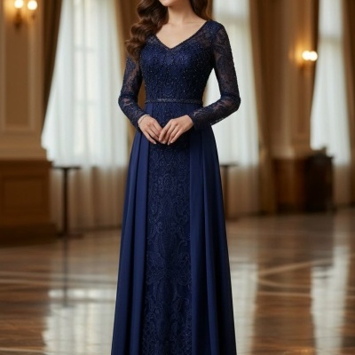 Vestido de festa azul escuro com renda e bordados usado por mulher