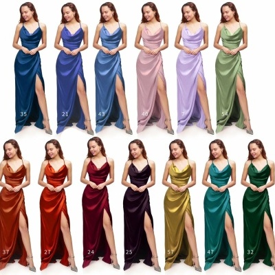 Doze vestidos compridos acetinados em cores variadas em fundo branco.