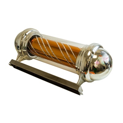 Rolo de tinta metálico prateado com cilindro laranja e padrões espirais.