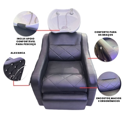 cadeira de lavagem de cabelo preta com lavatório branco