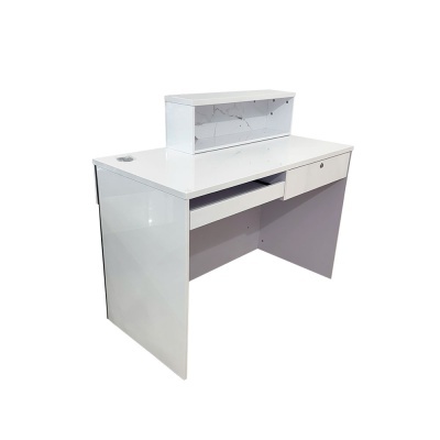 Secretária de escritório branca com gaveta e prateleira superior marbled