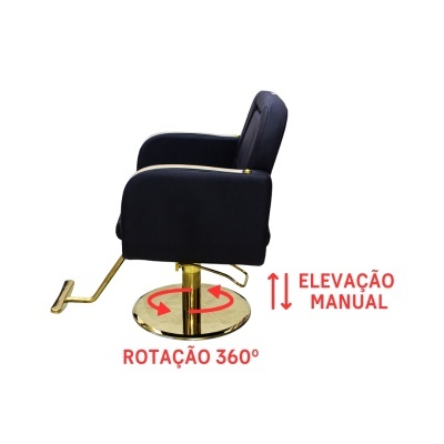 Cadeira de salão preta com base dourada e controle manual