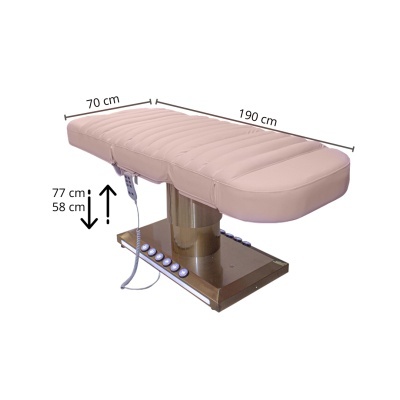 Cama de massagens rosa claro com base metálica dourada e controle remoto