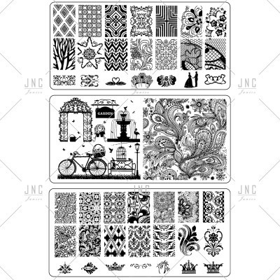 Placas de carimbos decorativos para unhas com vários padrões a preto e branco