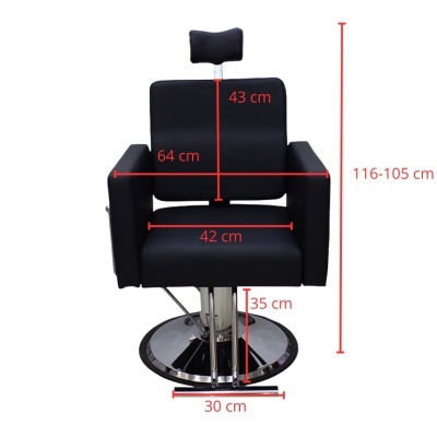 Cadeira de barbeiro preta com base cromada e medidas em centímetros indicadas