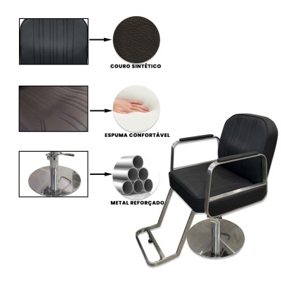 Cadeira de salão preta em couro sintético com base metálica redonda e braços cromados