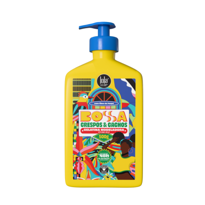 Frasco amarelo com pump azul gelatina modeladora Bossa Crespos & Cachos 500g