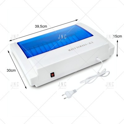 Máquina esterilizadora UV branca com tampa azul translúcida e botão de ligar desligar