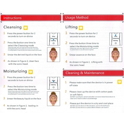 Instruções de uso e manutenção de dispositivo de cuidados de pele com textos e ilustrações