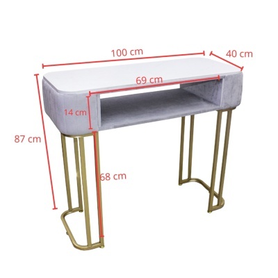 Mesa de apoio cinzenta com pernas douradas e medidas em centímetros indicadas em vermelho.