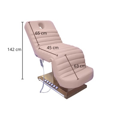 Cadeira de massagem reclinável bege com controle e dimensões indicadas