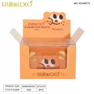Paleta de maquilhagem 12 cores KEVIN & COCO com embalagem laranja e rosto desenhado