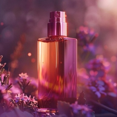 Frasco de perfume âmbar num campo de flores roxas ao pôr-do-sol