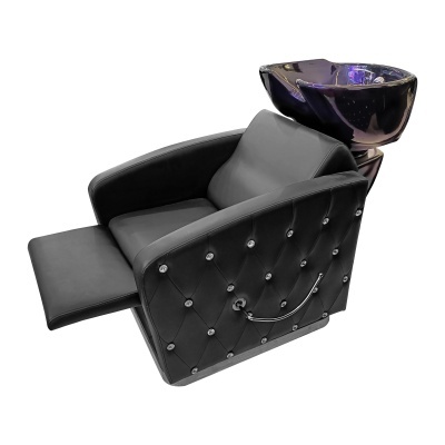 Cadeira de lavagem de cabelo preta com lavatório cerâmico preto