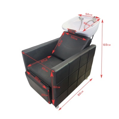 Cadeira de cabeleireiro preta com lavatório branco e dimensões em cm