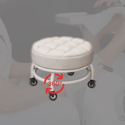 Banco redondo branco com rodízios e símbolo de rotação 360 graus