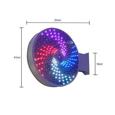 Roda de luz LED colorida com padrões em espiral montada na parede