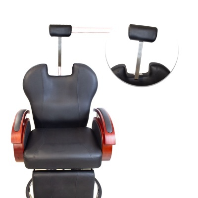 Cadeira de barbeiro preta com apoio de cabeça ajustável e apoios de braço em madeira