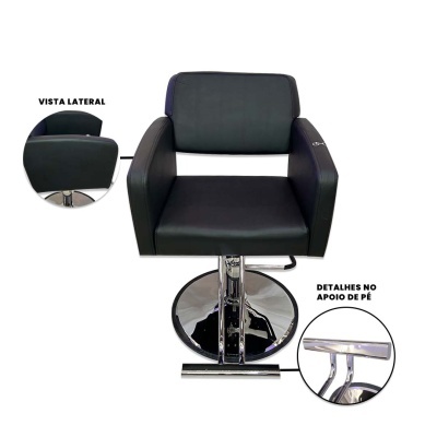 Cadeira de salão preta com base cromada e apoio para pés