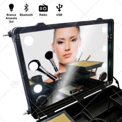 Estojo de maquilhagem preto com espelho iluminado e pincéis