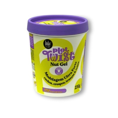 Pote de gel para cabelo Plot Twist Nut Gel com tampa roxa e embalagem branca e amarela