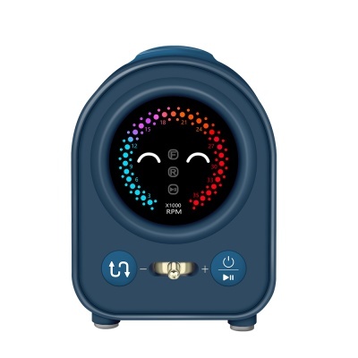 Máquina de café azul com visor circular colorido e botões azuis