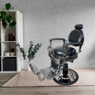 Cadeira de barbeiro clássica preta com estrutura metálica prateada