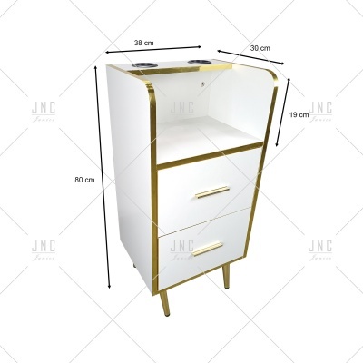 Móvel branco com acabamentos dourados e duas gavetas, dimensões indicadas