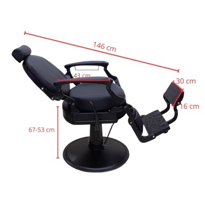 Cadeira de barbeiro preta com medidas em centímetros sobre fundo branco