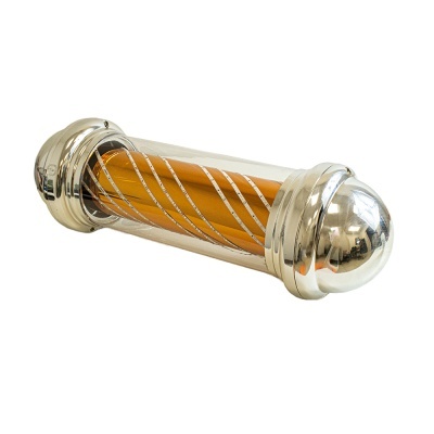 Objeto cilíndrico metálico com corpo transparente e elemento laranja com linhas prateadas