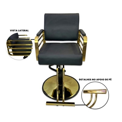 Cadeira de salão preta com estrutura dourada e apoio para pés