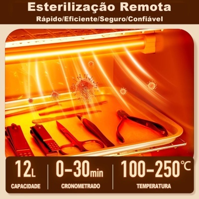 Aparelho de esterilização remota com ferramentas metálicas e informações em português