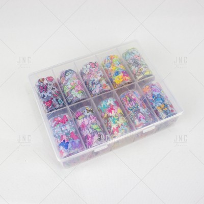 Rolos de película adesiva colorida para unhas com padrões florais e borboletas em caixa transparente