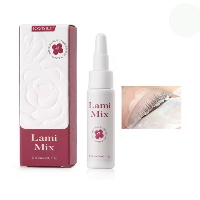 Produto Lami Mix em frasco branco com caixa rubi e imagem de aplicação em pestanas