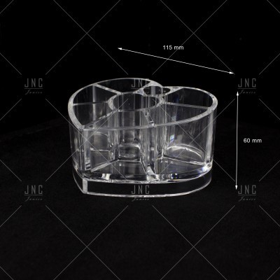 Organizador transparente de acrílico com cinco compartimentos e medidas visíveis.